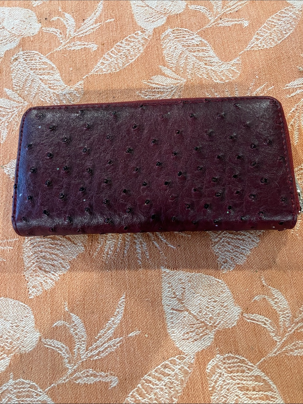 Burgundy leather Ostrich-Textured Zip Wallet